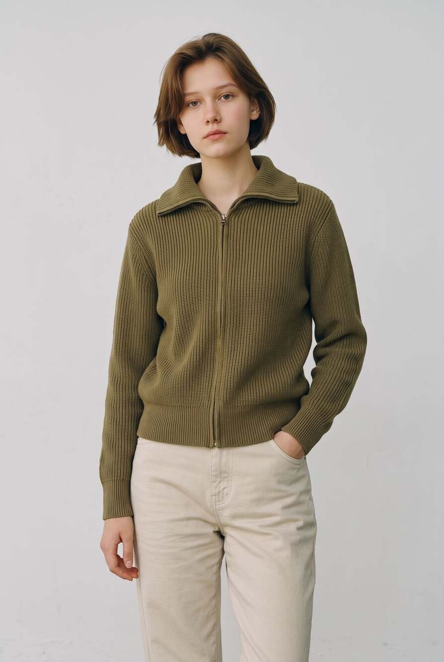 Uniqlo Full-Zip Sweater Size S Olive Green Ribbed Cardigan